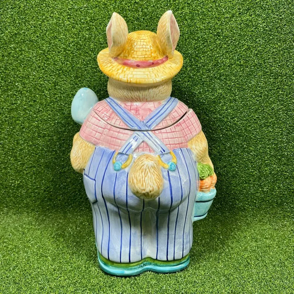 Vintage 90s Hand Painted Ceramic Farmer Rabbit Cookie Jar